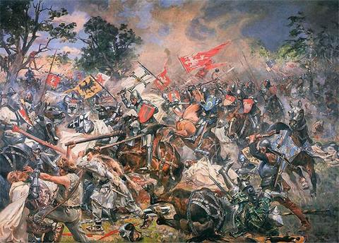 &laquo;Битва под Грюнвальдом&raquo; (1931), работа Войцеха Коссака (Wojciech Kossak, 1857&ndash;1942). На картине художник изобразил поляков в открытых шлемах, чтобы не путать их с тевтонцами. На самом деле они носили такие же бацинеты с остроконечным забралом типа &laquo;собачья морда&raquo;, как и немцы. Ягайло специально просил вассалов повязать на плечи солому, дабы отличать своих во время боя
