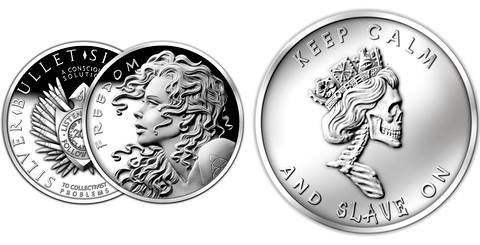Две удачные чеканки из серии Silver Bullet + Silver Shield: Freedom Girl (Девушка Свобода) и Slave Queen (Королева рабов)